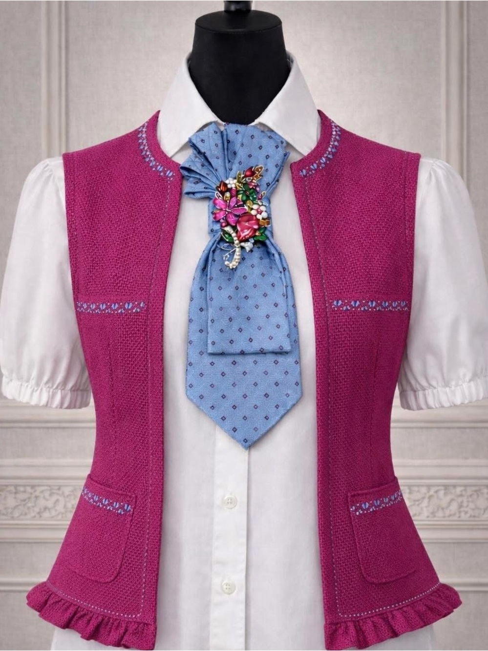 OOAK Handmade Necktie Necklace w/Exquisite Brilliant Stones Brooch and Chain